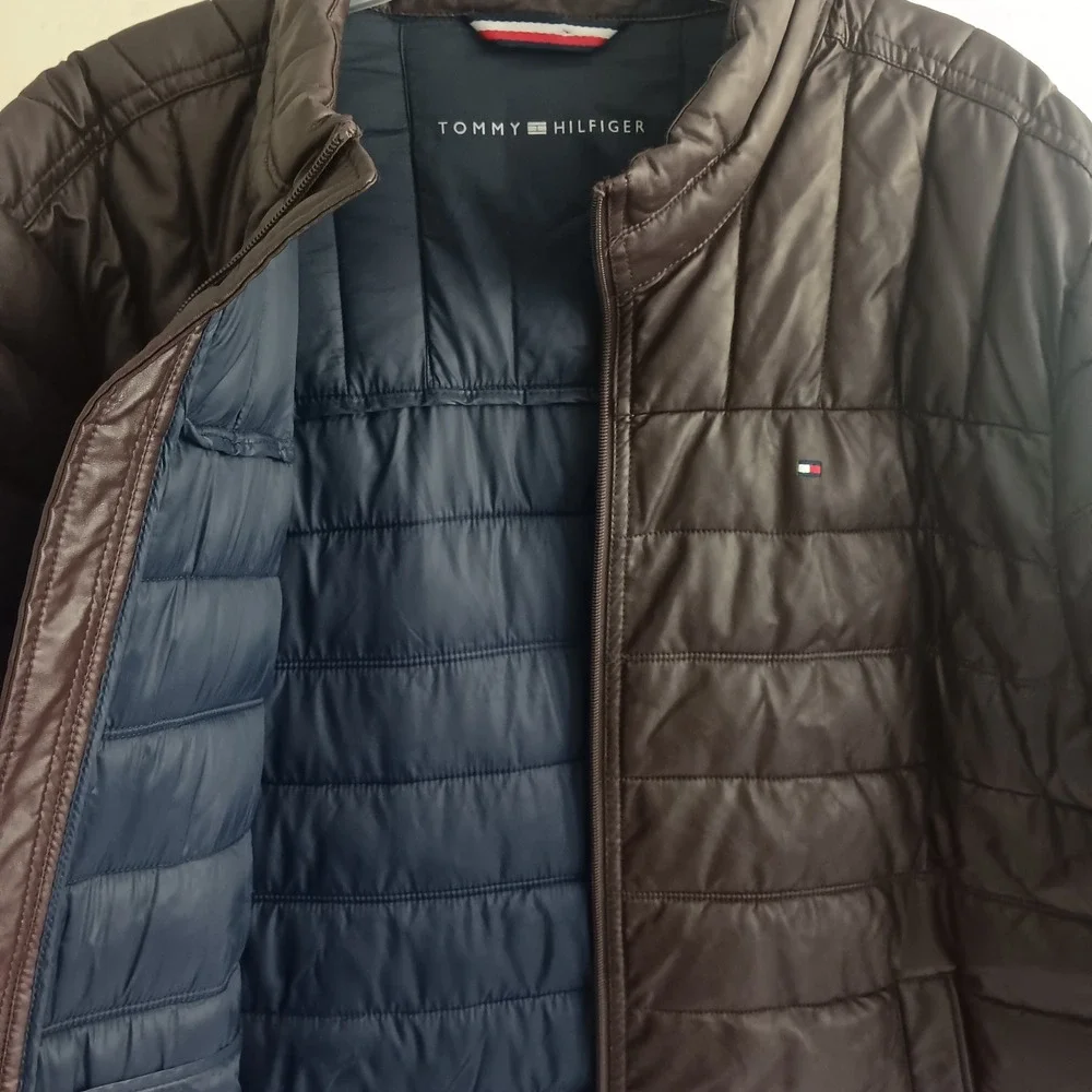 Tommy Hilfiger Puffer Jacket Mens XL Brown EUC Faux Leather Quilted Zip